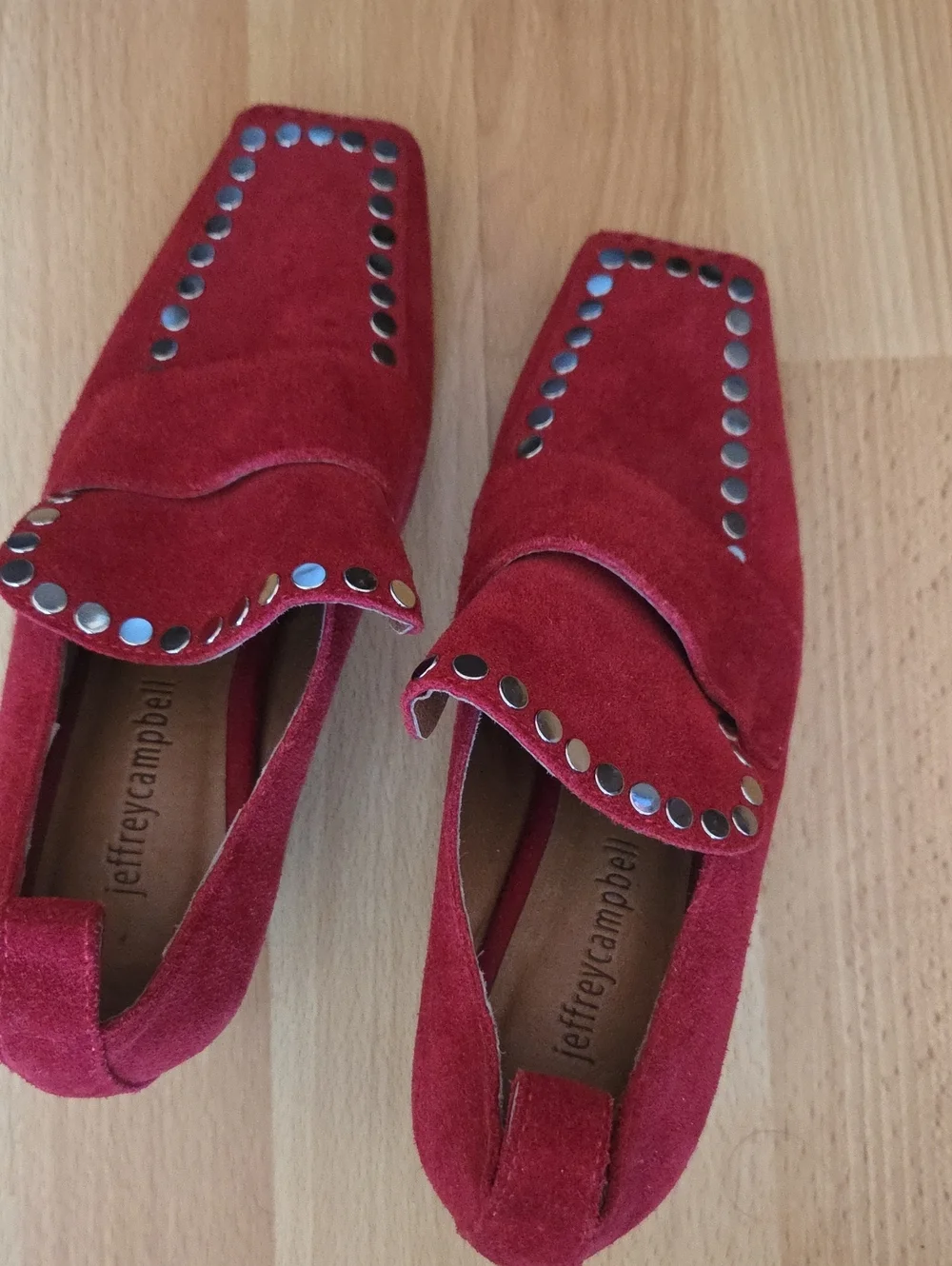 Jeffrey Campbell Cedar Red Suede Studded Square Toe Heel Loafer Size 6